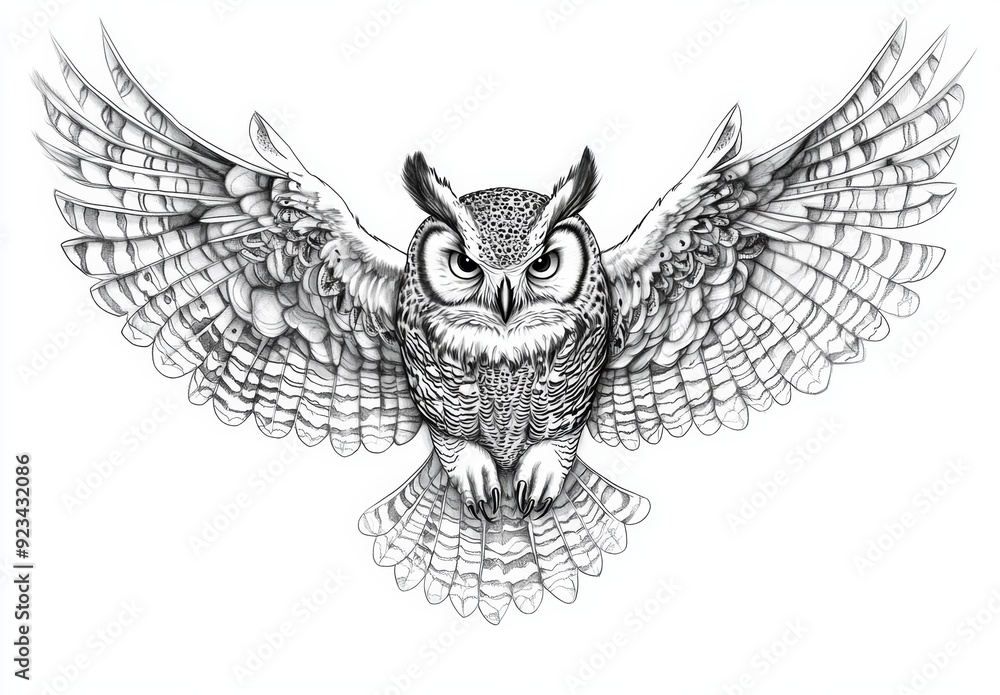 Fototapeta premium Owl in Flight with Symmetric Feathers on White Background, Wildlife and Nature Concept Generative AI