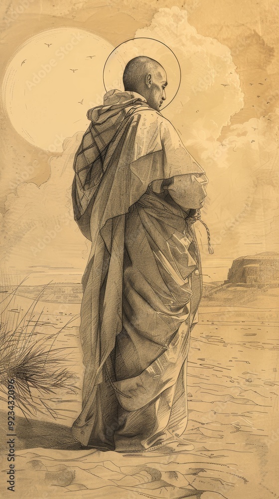 Fototapeta premium The painting of St. Anthony of Egypt in the Desert, Biblical Illustration, Beige Background, Copyspace