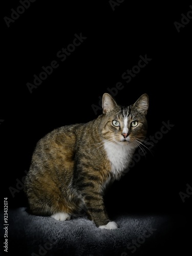 Cute tabby cat sitting and looking at camera. Vertical image with black background.