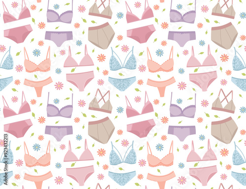 Vector seamless pattern with various sets of women's underwear and flowers. Cute pastel shades background in flat style	