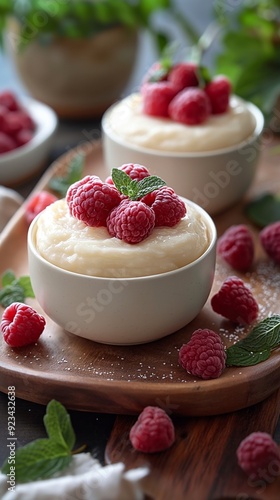 Creamy dessert with fresh raspberries in white bowls. Healthy dessert concept. Design for recipe blog and cafe menu.