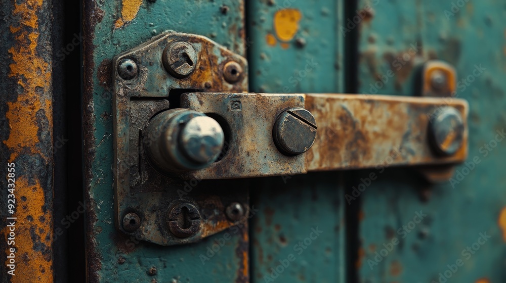 A close-up of a rusty metal door latch, showcasing the texture and detail of the weathered metal. The image captures the concept of time, decay, security, and the beauty of imperfections. A close-up of a rusty metal door latch, showcasing the texture and detail of the weathered metal. The image captures the concept of time, decay, security, and the beauty of imperfections.