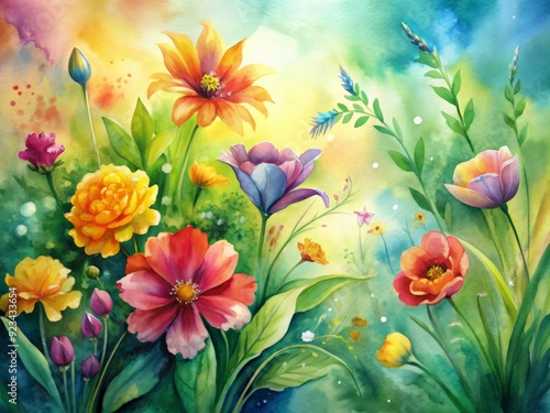 Vibrant abstract watercolor ink painting featuring bright spring flowers and lush green leaves on a soft, blurred background with delicate brushstrokes.