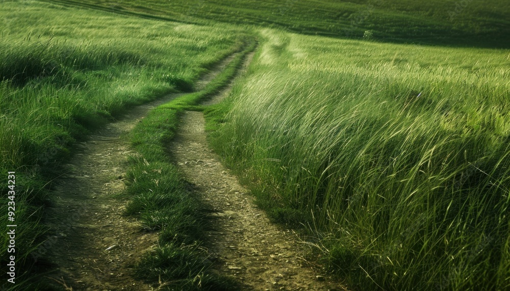 A winding dirt path through lush green fields at sunrise A winding dirt path through lush green fields at sunrise