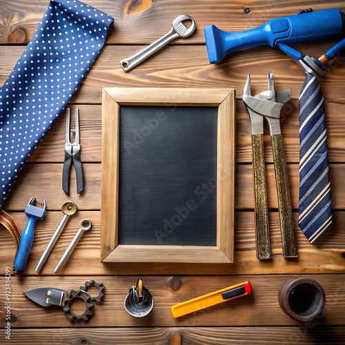 set of tools and instruments at wooden table surface background
 photo