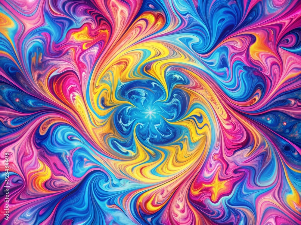 Fototapeta premium Vibrant swirls of pink, blue, and yellow liquids merge in a mesmerizing dance, creating a kaleidoscope of shapes and colors in a psychedelic background.