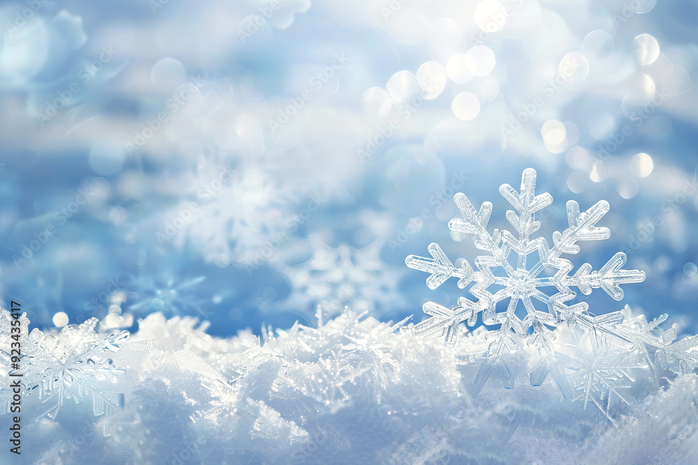 Snowflake on snowy surface with blurred winter background Snowflake on snowy surface with blurred winter background