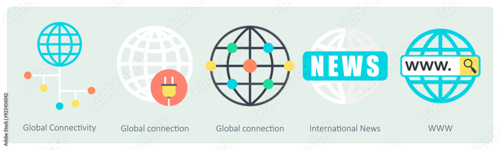 A set of 5 Communication icons as global connectivity, global connection, international news A set of 5 Communication icons as global connectivity, global connection, international news