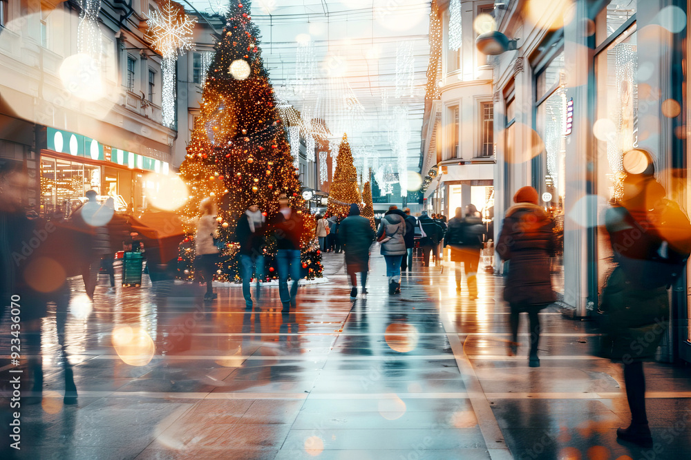 Busy blurred city street with Christmas trees and festive lights Busy blurred city street with Christmas trees and festive lights