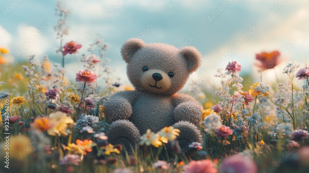 A cuddly teddy bear sits amidst a vibrant field of wildflowers, symbolizing innocence, joy, and the beauty of nature. The soft hues of the flowers and the gentle expression of the bear create a heartw A cuddly teddy bear sits amidst a vibrant field of wildflowers, symbolizing innocence, joy, and the beauty of nature. The soft hues of the flowers and the gentle expression of the bear create a heartw