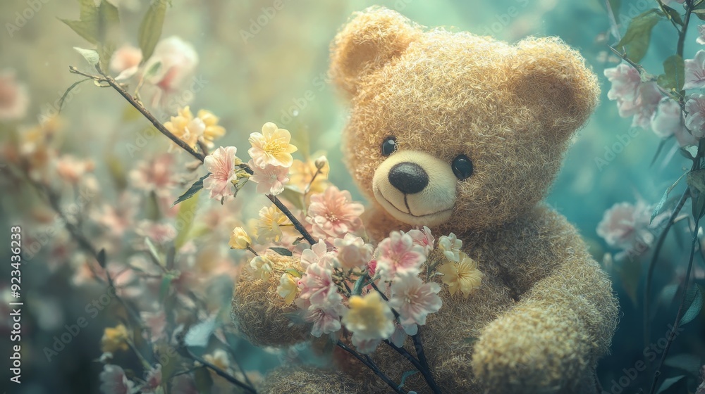 A cuddly teddy bear surrounded by delicate pink and yellow blossoms, symbolizing innocence, love, springtime, and new beginnings. A cuddly teddy bear surrounded by delicate pink and yellow blossoms, symbolizing innocence, love, springtime, and new beginnings.