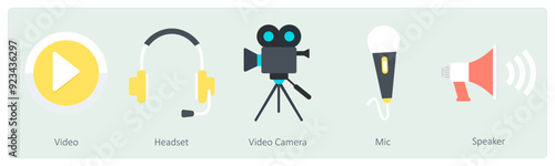 A set of 5 Communication icons as video, headset, video camera