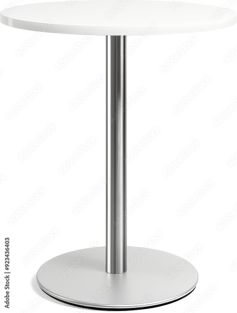 A simple, modern white table with a round top and a chrome base. A simple, modern white table with a round top and a chrome base.