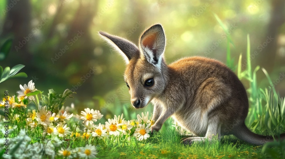 Fototapeta premium A cute baby kangaroo is sitting in a meadow of daisies, symbolizing innocence, new life, nature's beauty, and the joy of discovery.