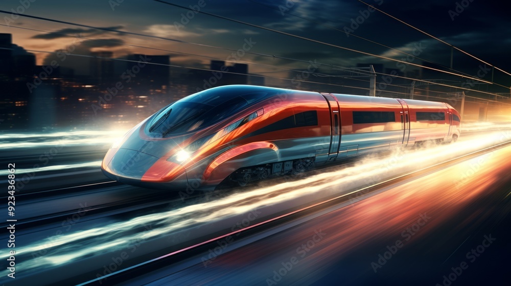 High speed train in motion on the railway station at sunset. Neural network ai generated art High speed train in motion on the railway station at sunset. Neural network ai generated art