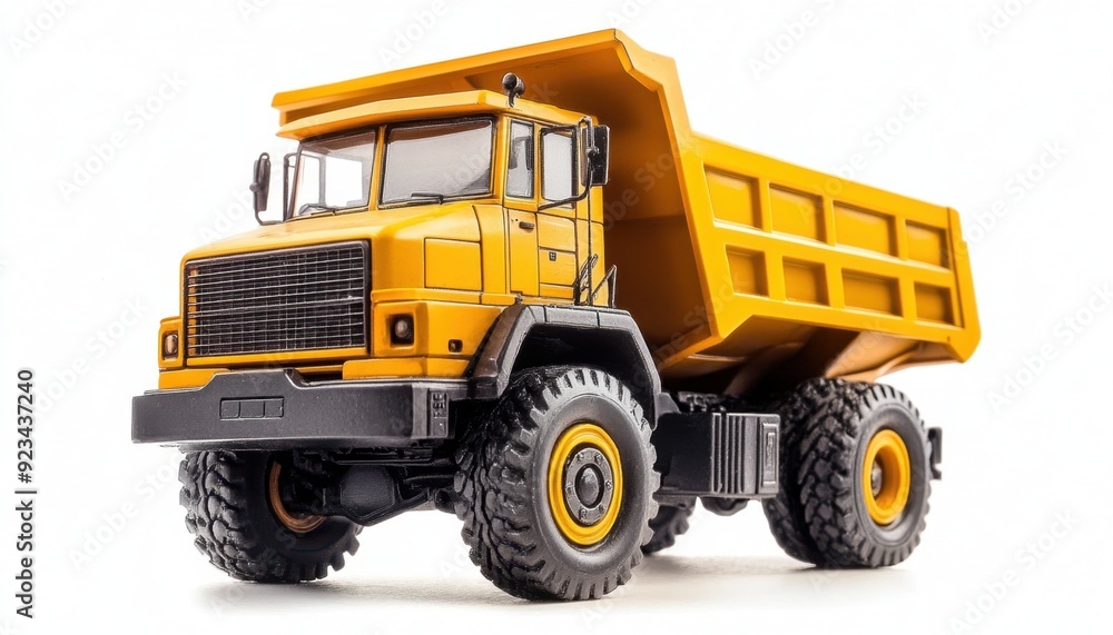 Yellow dump truck model with detailed features on a white background Yellow dump truck model with detailed features on a white background