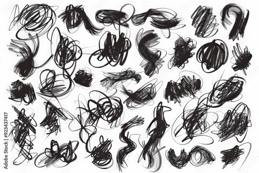 Obraz premium A collection of abstract black scribbles and doodles on a white background, showcasing various irregular shapes and chaotic lines in a dynamic composition.