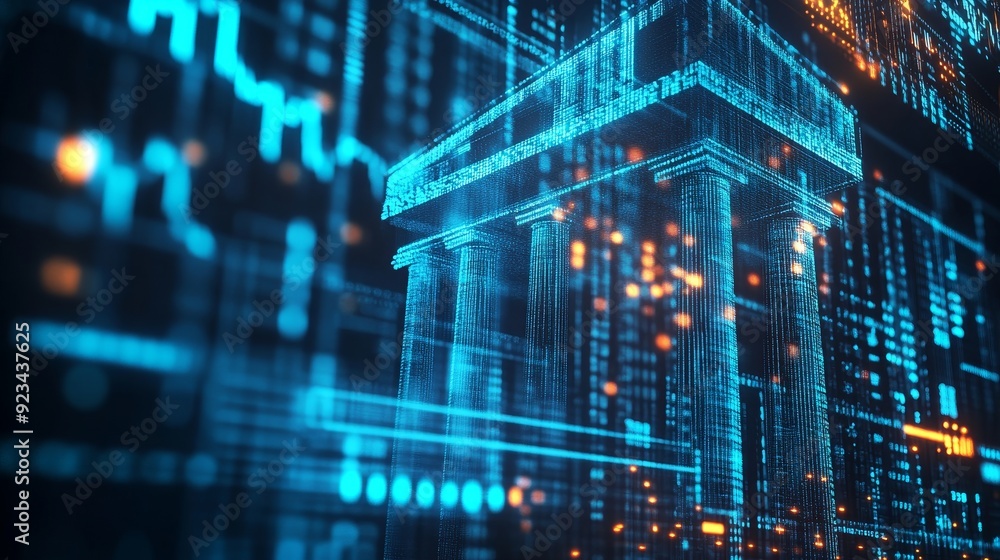 A digital of a bank building made of code and data, symbolizing the intersection of finance and technology, online banking, data security, and the future of banking. A digital of a bank building made of code and data, symbolizing the intersection of finance and technology, online banking, data security, and the future of banking.