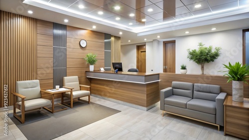 A calm and organized reception area with a modern check-in desk, computer, and comfortable seating, awaiting arrival of patients for their scheduled appointments. photo