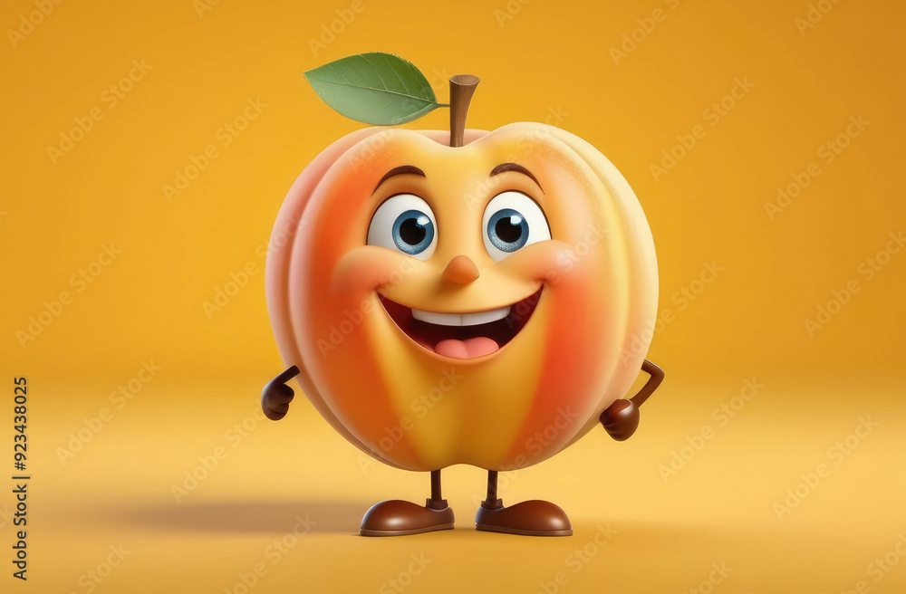 children illustration of happy apricot with funny smiling face, arms and legs on yellow background children illustration of happy apricot with funny smiling face, arms and legs on yellow background