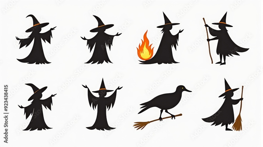 Spooky Witches and Crow Halloween Illustration - Various Witch Poses Spooky Witches and Crow Halloween Illustration - Various Witch Poses