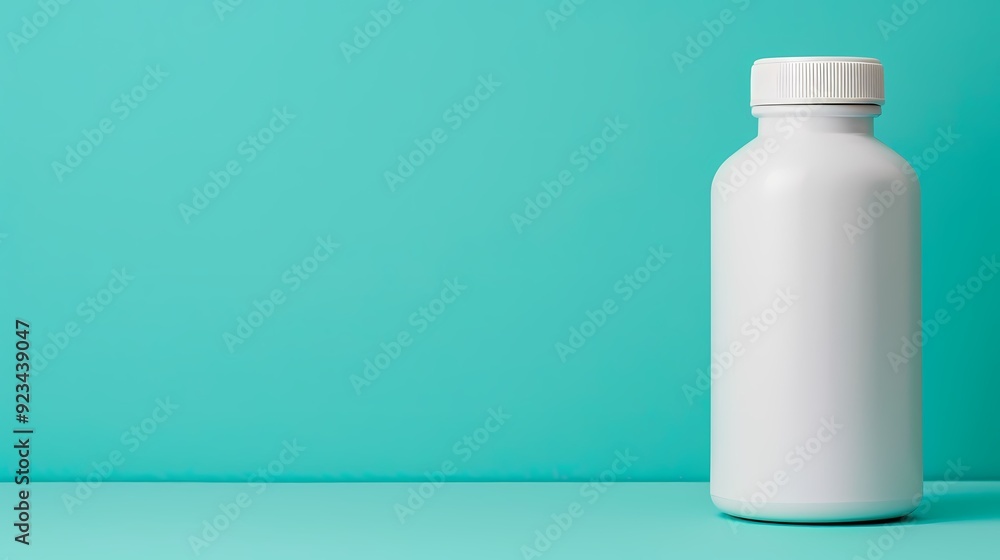 A clean white bottle against a vibrant turquoise background, perfect for showcasing product packaging or branding. A clean white bottle against a vibrant turquoise background, perfect for showcasing product packaging or branding.