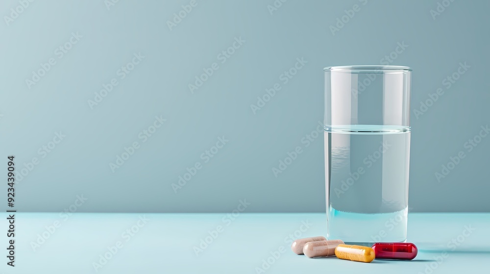 A clear glass of water beside colorful capsules on a serene blue background, perfect for health and wellness concepts. A clear glass of water beside colorful capsules on a serene blue background, perfect for health and wellness concepts.