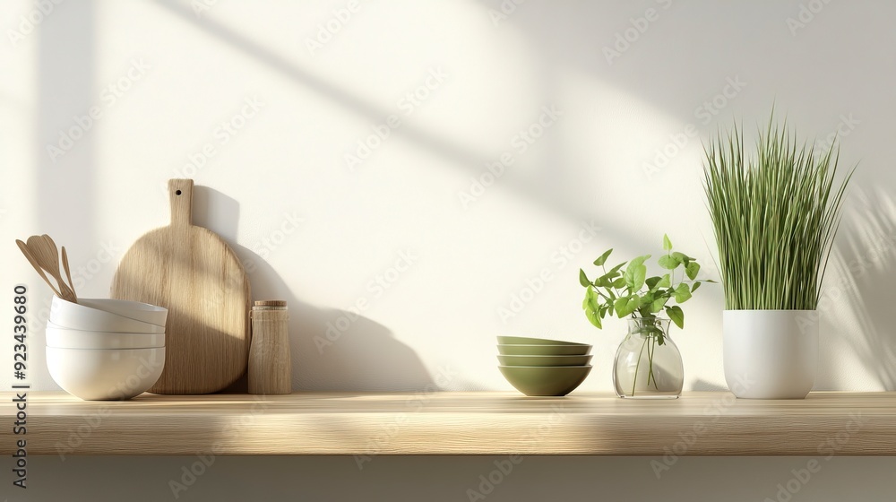 Branding in modern style with bright wood top green counter and warm white wall grass glass vase kitchenware. Kitchen interior. Generative ai Branding in modern style with bright wood top green counter and warm white wall grass glass vase kitchenware. Kitchen interior. Generative ai