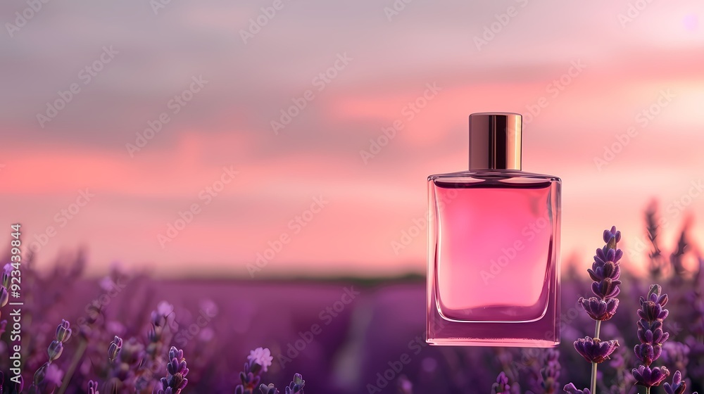 A delicate pink perfume bottle surrounded by lavender flowers against a dreamy sunset sky. A delicate pink perfume bottle surrounded by lavender flowers against a dreamy sunset sky.