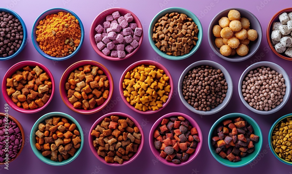different pet supplies,toys with bowl of dry food on purple background pet shop banner template flat lay top view. different pet supplies,toys with bowl of dry food on purple background pet shop banner template flat lay top view.