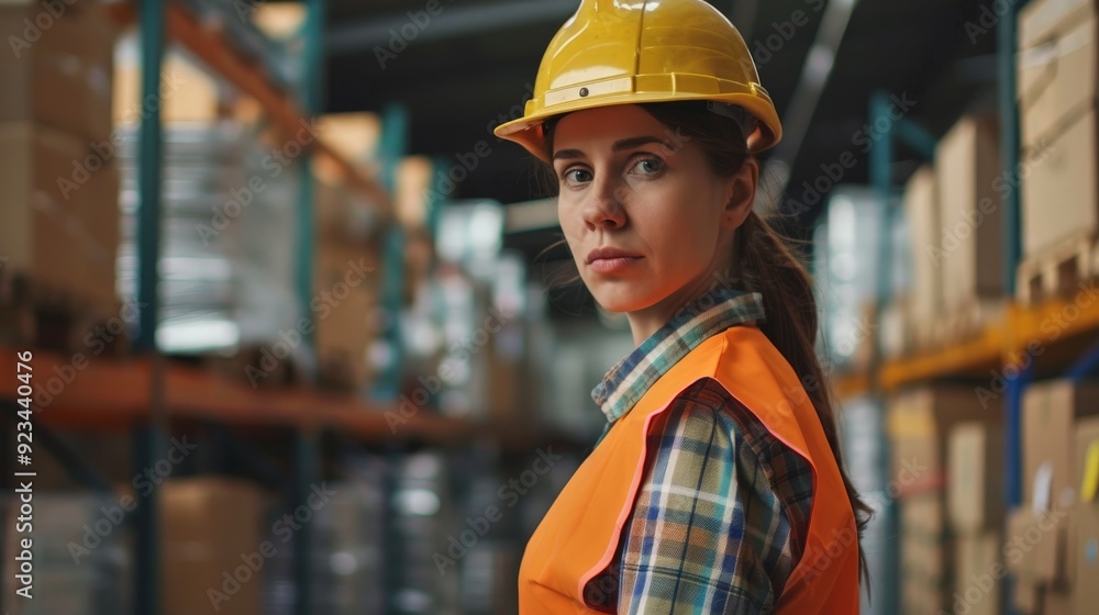 A female warehouse worker in a modern setting, wearing a yellow hard hat and orange safety vest, closely examines stock in a well-organized and efficiently managed facility. A female warehouse worker in a modern setting, wearing a yellow hard hat and orange safety vest, closely examines stock in a well-organized and efficiently managed facility.