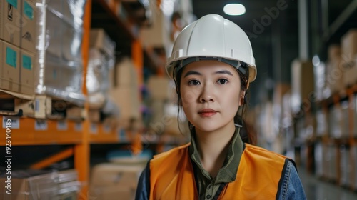 A young female worker in a warehouse, looking confidently with her white hard hat and orange vest, represents responsibility and diligence in a professional industrial setting.