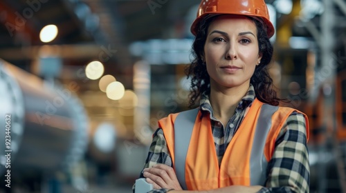 An assertive woman, donned in safety vest, hard hat, and plaid shirt, stands with determination in a busy warehouse aisle, showcasing the importance of safety and dedication.