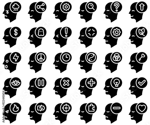 Set Of Human Mind Glyph Isolated Silhouette Solid Icons With Thinking,Head,Emotion,Psychology,Mind Outline Icons Collection. Simple Vector Illustration