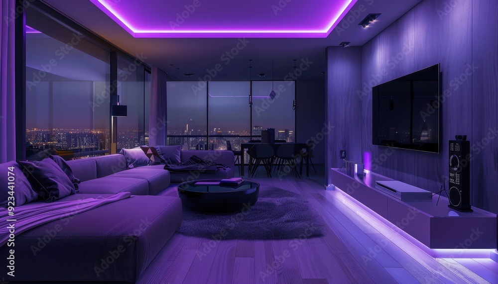Stylish modern living room with purple lighting overlooking a city skyline at night Stylish modern living room with purple lighting overlooking a city skyline at night