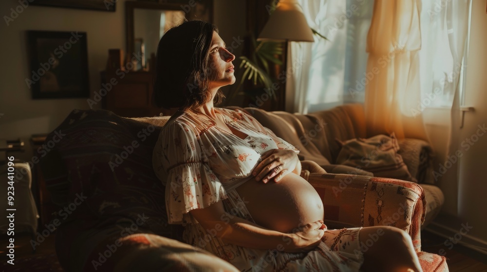 A pregnant woman seated in a softly lit indoor space, gently embracing her belly, creating an atmosphere of warmth, serenity, and nurturing calm in a cozy room. A pregnant woman seated in a softly lit indoor space, gently embracing her belly, creating an atmosphere of warmth, serenity, and nurturing calm in a cozy room.