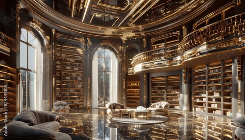 Luxurious library interior with golden accents and plush seating in an elegant setting