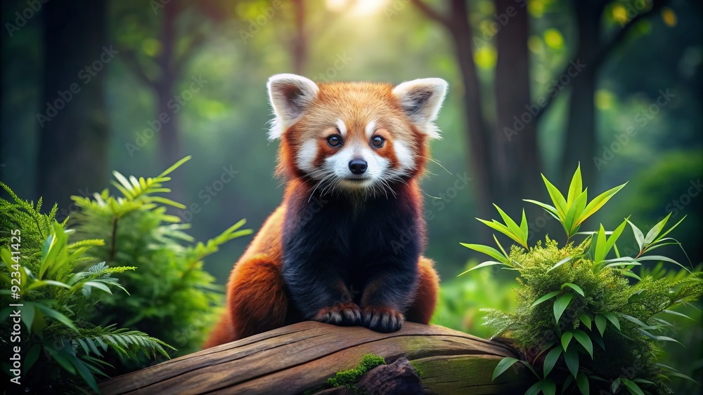 Adorable red panda sits alone on a tree stump, surrounded by lush green foliage, its soft fur and big eyes captivating in a serene atmosphere. Adorable red panda sits alone on a tree stump, surrounded by lush green foliage, its soft fur and big eyes captivating in a serene atmosphere.