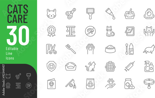 
Cats Care Line Editable Icons set. Vector illustration in modern thin line style of pets keeping related icons: accessories, toys, hygiene products, food, and more. Pictograms and infographics
