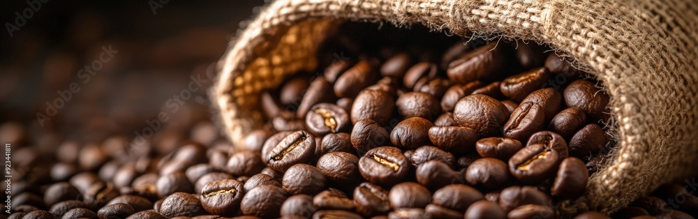 Burlap sack filled with dark roasted coffee beans against a dark, textured background Burlap sack filled with dark roasted coffee beans against a dark, textured background