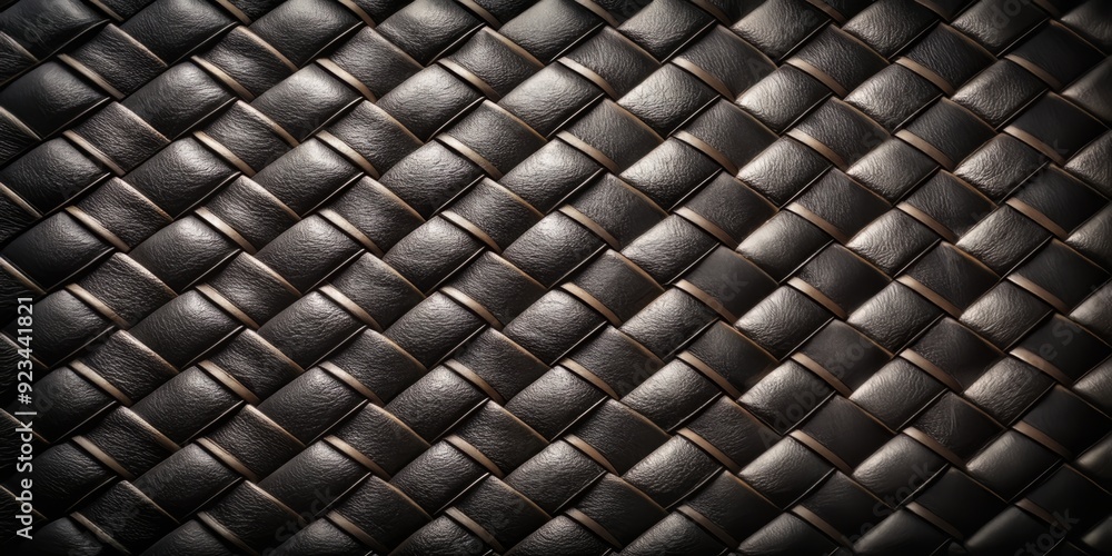 Fototapeta premium Richly textured black leather background with intricate woven pattern, subtle sheen, and deep grooves, evoking luxury, sophistication, and refinement in high-end design aesthetic.