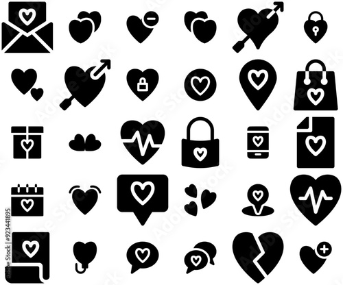 Set Of Linear Heart And Love Glyph Icons Collection Isolated Silhouette Solid Icons Including Love,Like,Valentine-Day,Favorite,Heart Outline Icons Collection. Simple Vector Illustration