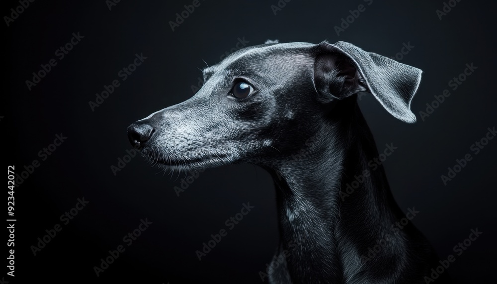 Black dog profile with intense gaze against dark background Black dog profile with intense gaze against dark background
