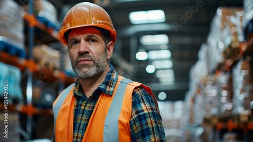 An older warehouse worker dressed in a plaid shirt and protective hard hat stands among towering shelves filled with inventory, demonstrating his experience and resilience on the job.