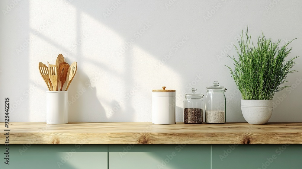 Branding in modern style with bright wood top green counter and warm white wall grass glass vase kitchenware. Kitchen interior. Generative ai Branding in modern style with bright wood top green counter and warm white wall grass glass vase kitchenware. Kitchen interior. Generative ai