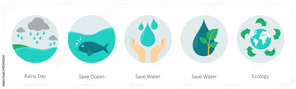 A set of 5 ecology icons as rainy day, save ocean, save water A set of 5 ecology icons as rainy day, save ocean, save water