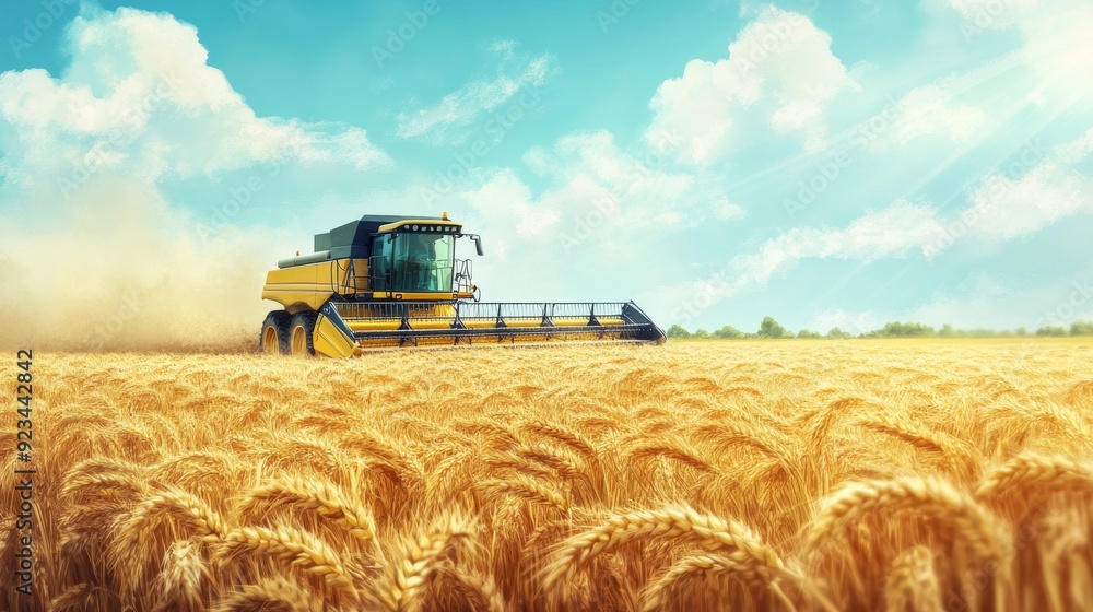 Fototapeta premium Combine Harvester Harvesting and cutting golden rice grains during harvest season. The machine moves steadily through the crops, with sunlight reflecting on the dust and chaff in the air.