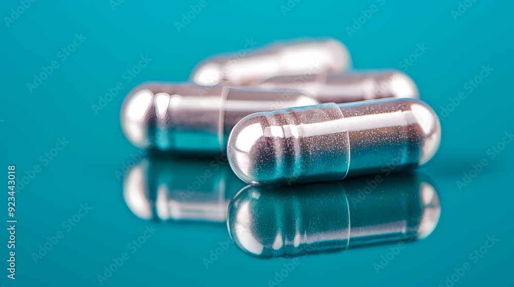 Close-up view of metallic capsules reflecting on a smooth surface, highlighting their sleek design and shiny texture. Close-up view of metallic capsules reflecting on a smooth surface, highlighting their sleek design and shiny texture.