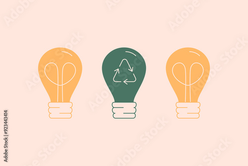 Green lamp with recycling symbol among standard yellow bulbs. Renewable energy and eco ideas for household. Waste management, sustainability lifestyle and saving energy concept. Vector illustration