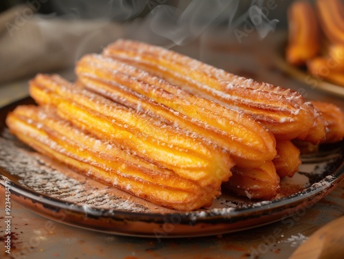 close up of traditional churros with cinnamon sugar, a classic Spanish dessert